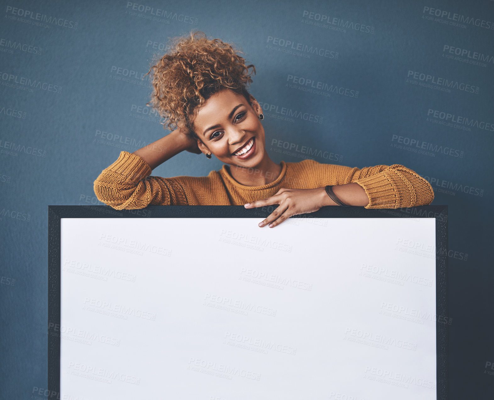 Buy stock photo Woman showing blank poster, copy space board and placard sign to promote, market and advertise opinion or voice on voting democracy. Portrait of smiling, young and happy lady endorsing with billboard
