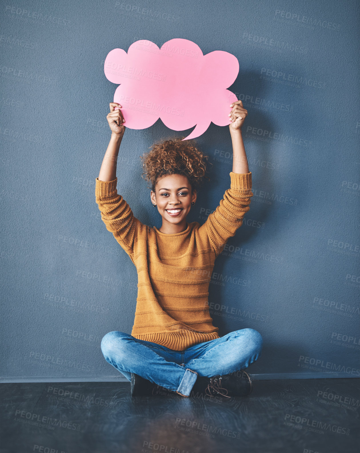 Buy stock photo African woman, smile and speech bubble by wall with mockup space for advertising and marketing. Female person, portrait and FAQ quote on gray background for social media, logo and news announcement