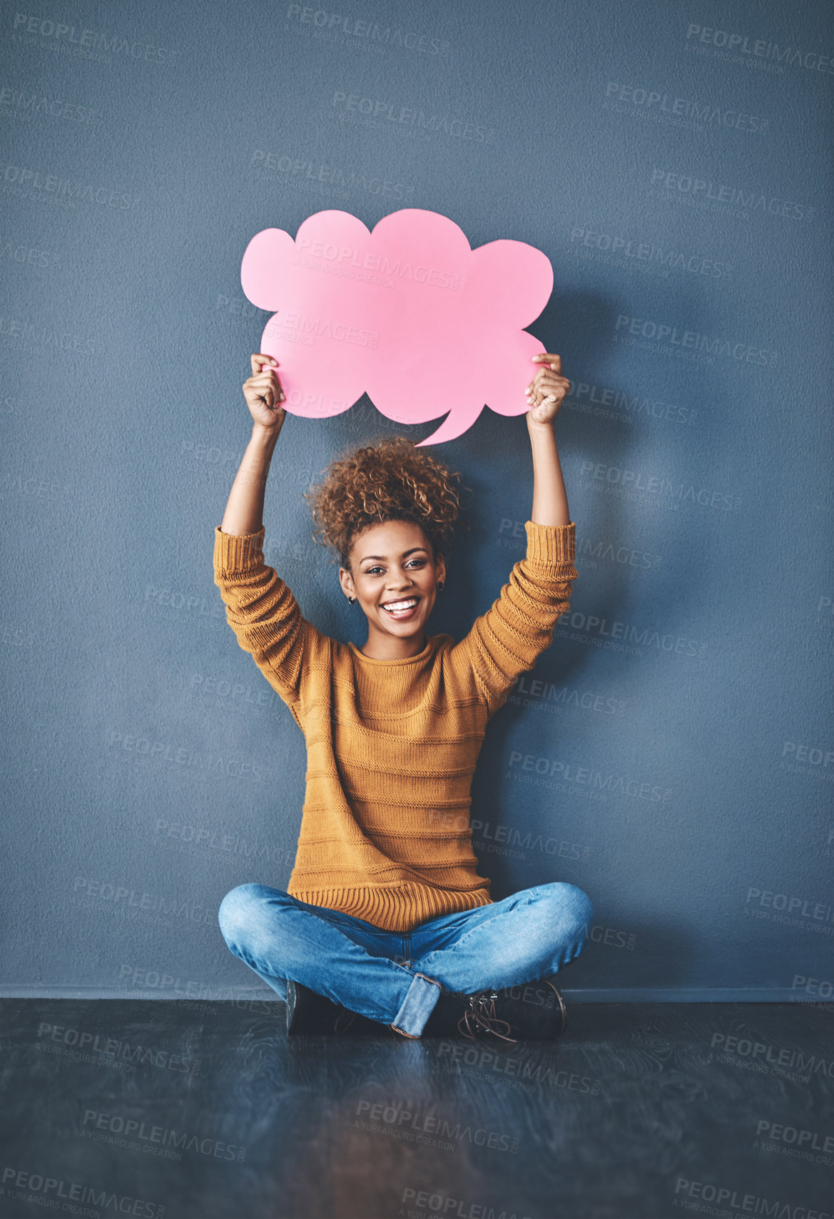 Buy stock photo African woman, advertising and speech bubble on floor with mockup space for portrait and marketing. Female person, banner and billboard on gray background for branding, logo and news announcement