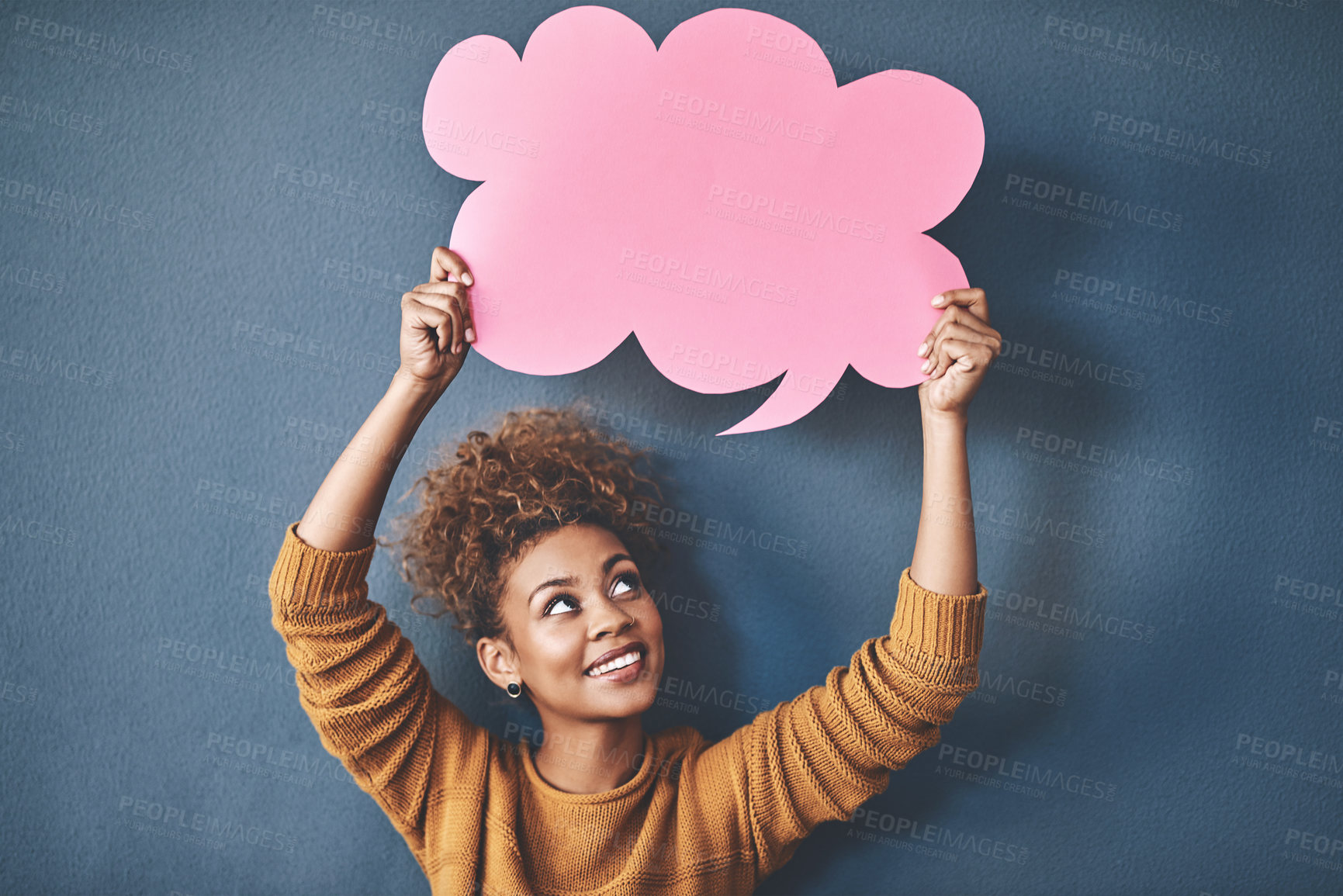 Buy stock photo Thinking, cloud and girl with speech bubble in studio for announcement, news or learning opportunity on grey background. Poster, mockup and gen z student with social media, promo or registration info