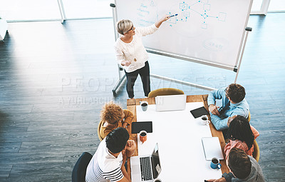 Buy stock photo Senior business woman leader doing presentation talking or explaining marketing strategy, business communication and KPI report. Mature manager discussing work plan idea with diagram on whiteboard