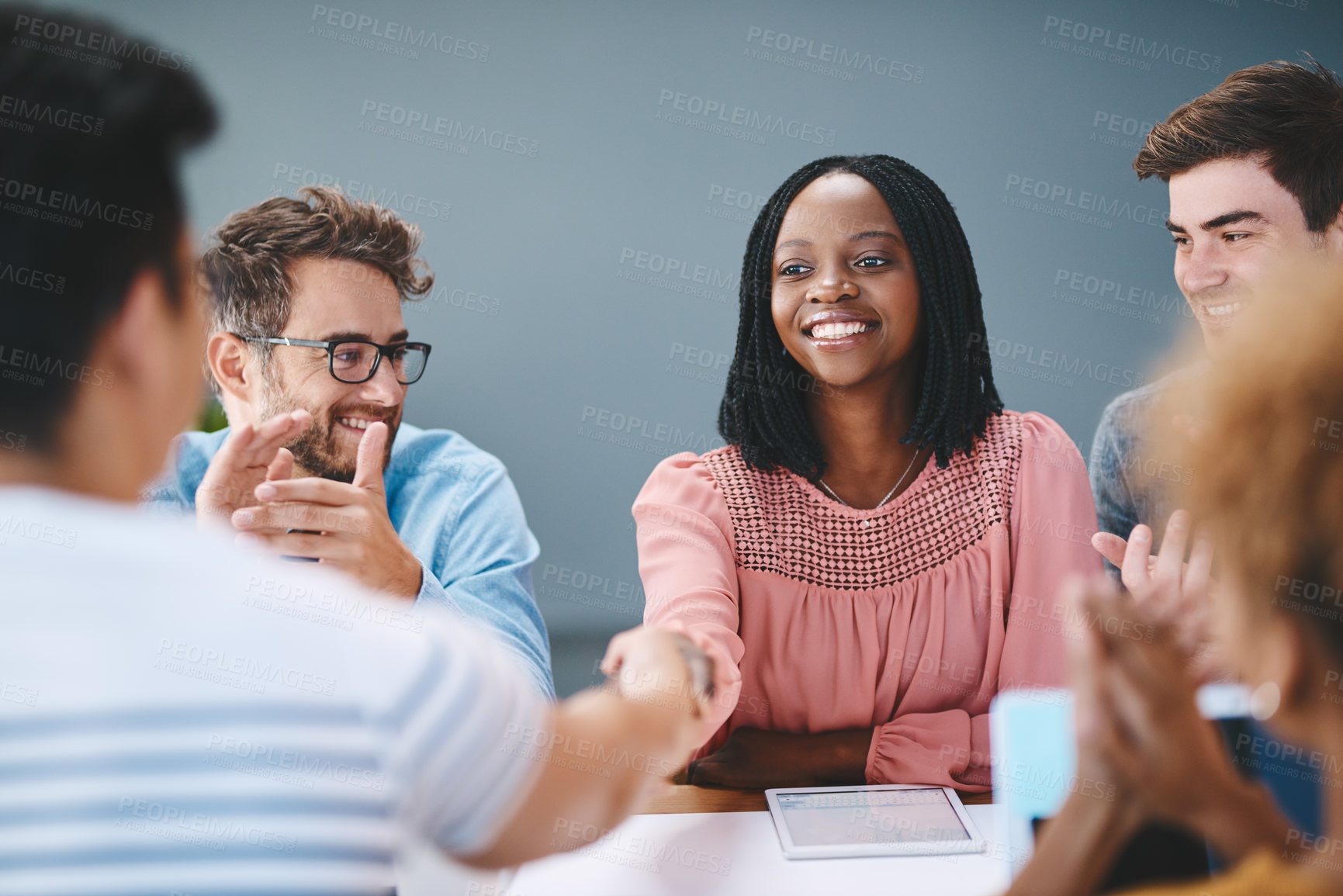 Buy stock photo Handshake, meeting and business people applause in office for recruitment, collaboration and onboarding. Startup, company and men and women shaking hands for agreement, welcome and job promotion