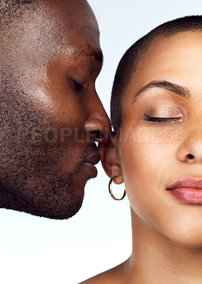 Buy stock photo Studio shot of a couple posing with their eyes closed against a grey background