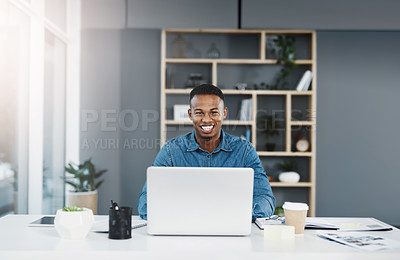 Buy stock photo Creative, black businessman and portrait in office with laptop for interior designing with construction company for project development. Employee, happy and digital technology for research or ideas.