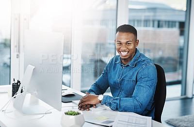 Buy stock photo Creative, black businessman and portrait in office with computer for interior designing with construction company for project development. Employee, happy and digital technology for research or ideas