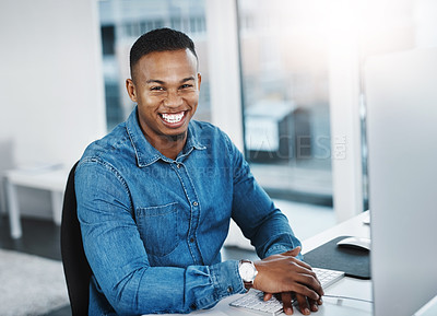 Buy stock photo Portrait, happy and black man by computer in office, workspace and desk professional in creative career. Smile, internship and journalist with technology for typing, research and internet for working