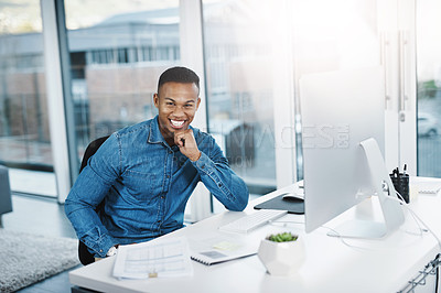 Buy stock photo Portrait, black man and computer in office, workplace or desktop for online work. Technology, desk or professional administration clerk for corporate business, male employee and smile with paperwork