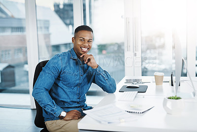 Buy stock photo Business, smile and portrait of black man by computer for web design, communication and planning. Information technology, designer and person with tech in office for seo, research and creativity