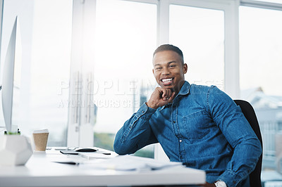Buy stock photo Portrait, confidence and black man by computer in office, workspace and desk happy in creative career. Happiness, internship and journalist with technology for typing, research and internet for work