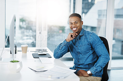 Buy stock photo Portrait, happiness and black man in modern office with laptop, paperwork and smile at desk. Businessman, pride and technology in workplace for internship, journalist and research for startup company