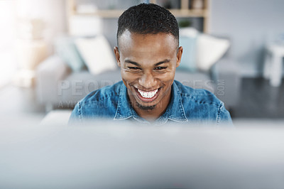 Buy stock photo Confidence, smile and black man by computer in office, workspace and desk happy in creative career. Happiness, internship and journalist with technology for typing, research and internet for working
