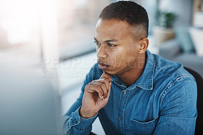 Buy stock photo Thinking, serious and black man by computer in office, workspace or desk professional in creative career. Vision, internship or journalist with technology for typing, research or internet for working