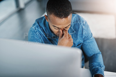 Buy stock photo Business, headache and black man in office for anxiety, marketing error or mistake on project. Stress, lens flare and graphic designer at desk for migraine, work crisis or burnout in workplace