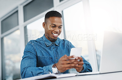 Buy stock photo Smile, smartphone and black man by computer in office, workspace and desk happy in creative career. Communication, internship and journalist with tech for contact, research and internet for working