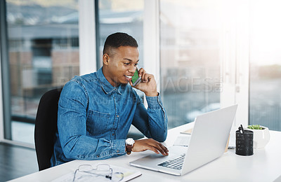 Buy stock photo Phone call, business and black man with laptop in office for conversation, networking or negotiating deal. Lens flare, mobile and happy consultant for discussion, talking or feedback on project