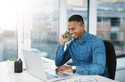 Buy stock photo Phone call, business and black man with laptop at desk for conversation, networking or negotiating deal. Lens flare, Cellphone and happy consultant for discussion, talking or feedback on project
