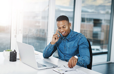 Buy stock photo Phone call, business and black man with cellphone at desk for conversation, networking or negotiating deal. Lens flare, laptop and happy consultant for discussion, talking or feedback on project