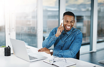 Buy stock photo Phone call, business and black man with cellphone in office for conversation, networking or negotiating deal. Lens flare, laptop and happy consultant for discussion, talking or feedback on project