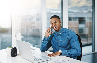 Buy stock photo Phone call, business and black man with mobile in workplace for conversation, networking or negotiating deal. Lens flare, laptop and happy consultant for discussion, talking or feedback on project