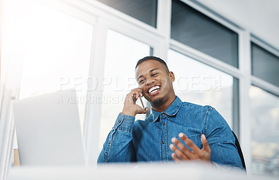 Buy stock photo Phone call, business and black man with smartphone in office for conversation, networking or negotiating deal. Lens flare, laptop and happy consultant for discussion, talking or feedback on project