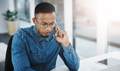 Buy stock photo Professional, phone call and black man by computer in office, workspace and business desk in creative career. Communication, internship and journalist with tech for contact, research and internet