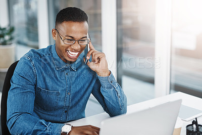 Buy stock photo Phone call, business and black man with smartphone at desk for conversation, networking or negotiating deal. Lens flare, office and happy consultant for discussion, talking or feedback on project