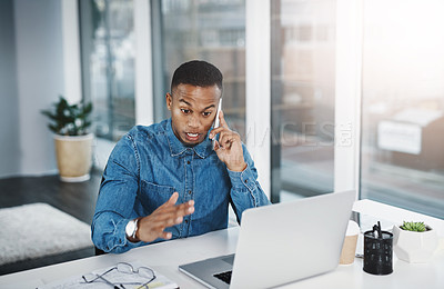Buy stock photo Discussion, phone call and black man by computer in office, workspace and desk happy in creative career. Communication, internship and journalist with tech for contact, research and internet
