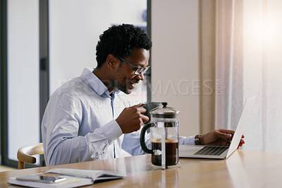 Buy stock photo Black man, coffee and laptop with a web call and meeting of freelancer worker at a table. Work from home, email and morning with a African male person on a computer for webinar and video conference