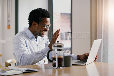 Buy stock photo Businessman, laptop and home video call for virtual meeting, webinar or introduction in remote work. Black man or freelancer waving on computer for hello, conference or videocall in the living room
