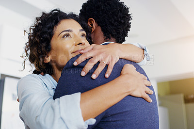 Buy stock photo Couple, hug and care in home with love, smile and connection for reunion, bonding and thinking. African woman, man and partner with embrace, happy and security in relationship for trust in marriage