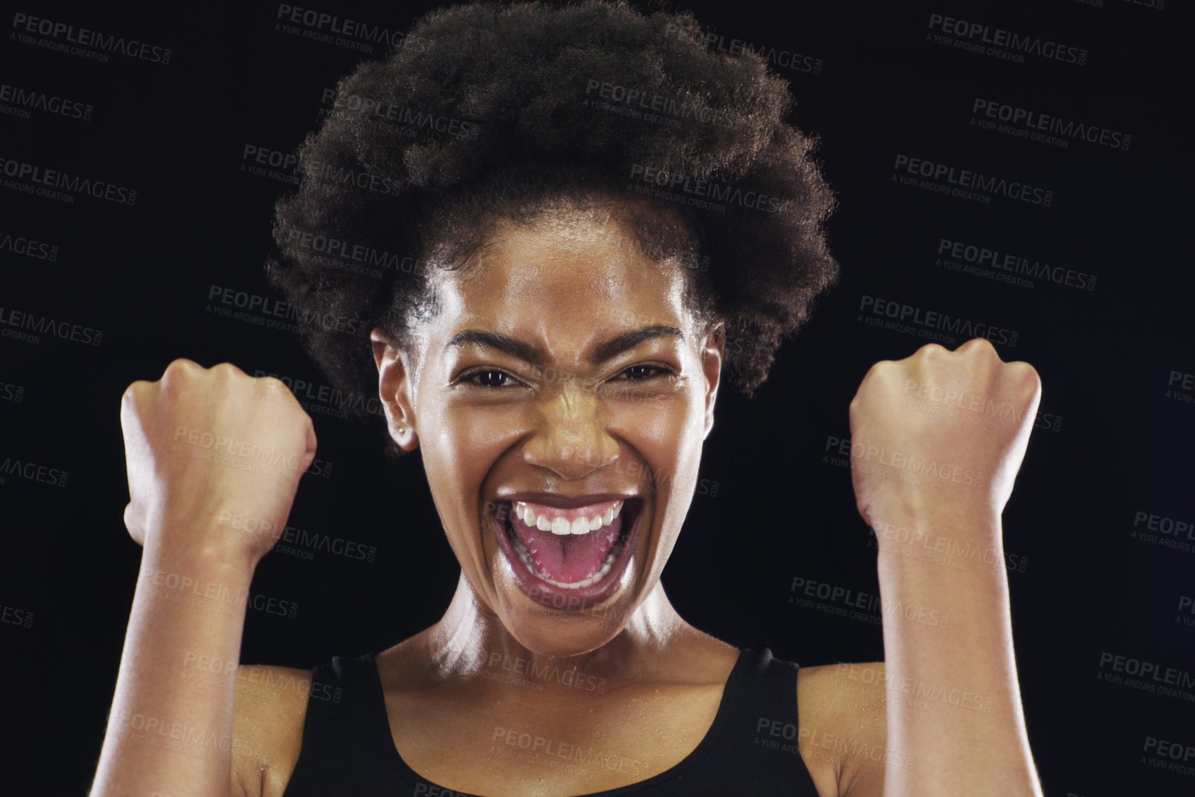 Buy stock photo Black woman, portrait and winning with fist in fitness, victory or achievement on a dark studio background. Face of excited African female person in celebration for milestone, health and wellness