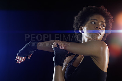 Buy stock photo Black woman, arm and stretching as warm up exercise on dark background or night, healthy or athlete. Female person, morning and workout training for running marathon or mobility, studio or mockup