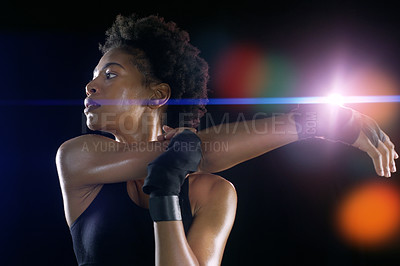 Buy stock photo Black woman, arm and stretching as warm up workout on dark background or night, healthy or athlete. Female person, morning and exercise training for running marathon or mobility, studio or mockup