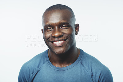 Buy stock photo Black man, smile and portrait with happiness and confidence in a studio from Jamaica. White background, African male person and happy model face with pride, style and casual fashion with skin glow