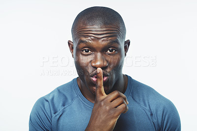 Buy stock photo Black man, portrait and fitness with secret for workout, routine or privacy on a white studio background. Face of African or male person with silence or whisper for training or exercise on mockup