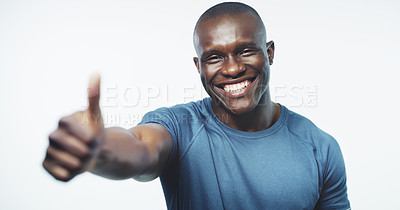 Buy stock photo Thumbs up, exercise and portrait of black man on a white background for training, workout and fitness. Sports, emoji and happy person trainer for gym promotion, subscription and wellness in studio