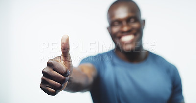 Buy stock photo Thumbs up, fitness and happy black man on a white background for training, workout and exercise. Sports, emoji and person trainer with sign for gym promotion, subscription and wellness in studio