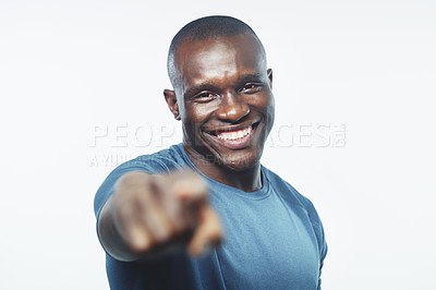 Buy stock photo Black man, portrait and pointing to you with fitness for sign up, join or opportunity on a white studio background. Face of happy African or male person with smile for selection, choice or pick