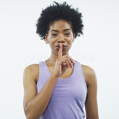 Buy stock photo Woman, fitness and finger on lips in studio with secret for deal, info or silence sign by white background. African person, girl and emoji for discount on gym subscription for wellness in portrait