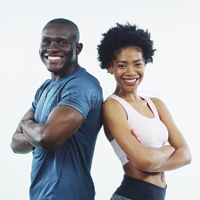 Buy stock photo Black couple, portrait and fitness with confidence for workout, exercise or training on a white studio background. African man, woman or professional with smile or arms crossed in health and wellness