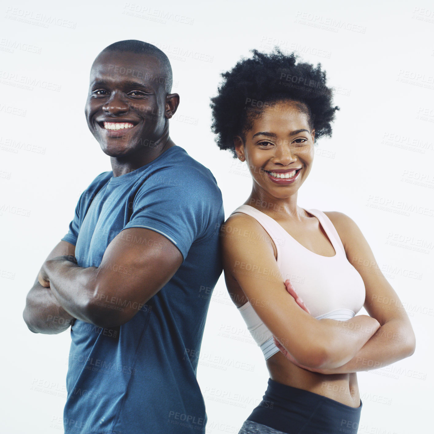Buy stock photo Black couple, portrait and fitness with confidence for workout, exercise or training on a white studio background. African man, woman or professional with smile or arms crossed in health and wellness