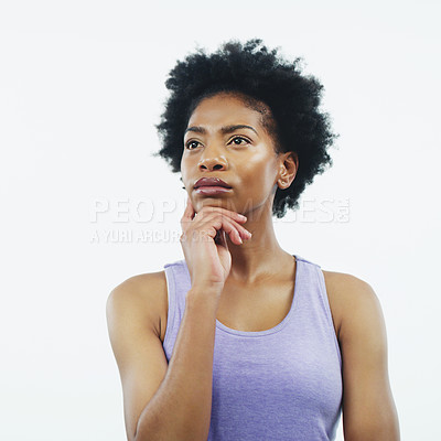 Buy stock photo African woman, thinking and training in studio for fitness with vision, choice and decision for health by white background. Girl, person and sports clothes for exercise, workout and ideas for gym