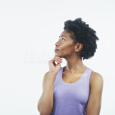 Buy stock photo Woman, thinking and space in studio for fitness with vision, choice and decision for health by white background. Girl, African person and sports clothes for exercise, workout and ideas for gym mockup