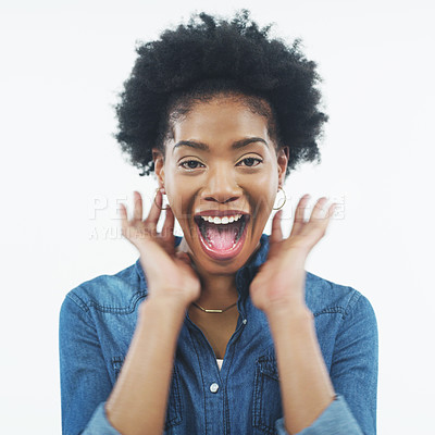 Buy stock photo Black woman, portrait and surprise with afro for winning, good news or prize on a white studio background. Face of happy, excited African or female person with smile for alert, promotion or deal 