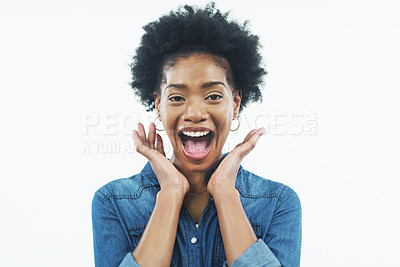 Buy stock photo Black woman, portrait and excited with afro for winning, good news or prize on a white studio background. Face of surprise, happy African or female person with smile for alert, promotion or deal