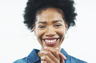 Buy stock photo Black woman, portrait and in studio with clapping hands for happiness celebration, support or white background. Female person, face and gesture for congratulations applause, mockup space or winner