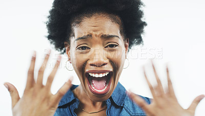 Buy stock photo Black woman, portrait and excited with surprise for winning, good news or prize on a white studio background. Face of happy and African young female person with smile for alert, promotion or deal