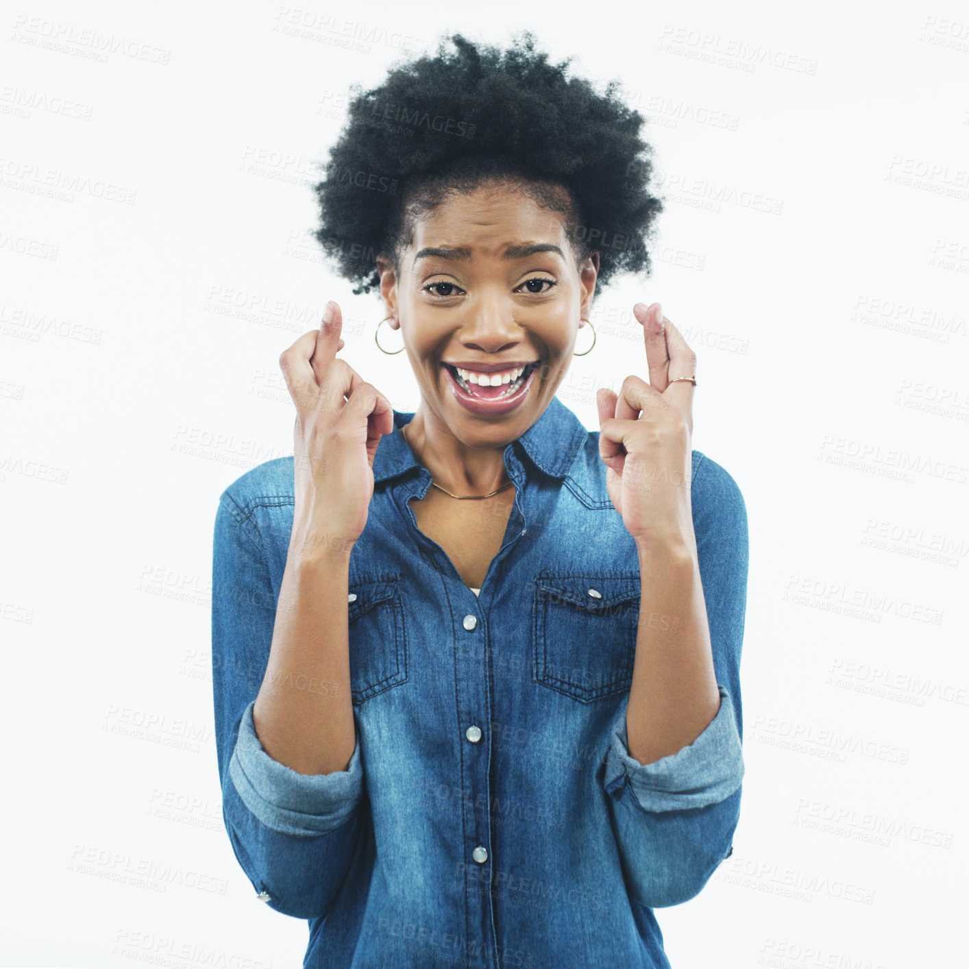Buy stock photo Wish, black woman and portrait with fingers crossed with hope, faith and hands. White background, studio and African female person with hand sign hoping for good luck, achievement and success