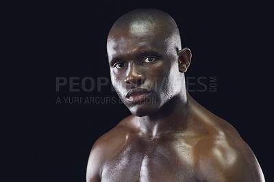 Buy stock photo Bodybuilder, fitness and portrait of black man with sweat on dark background for workout, exercise and training. Sports, strong body and face of serious male person with power, motivation and focus