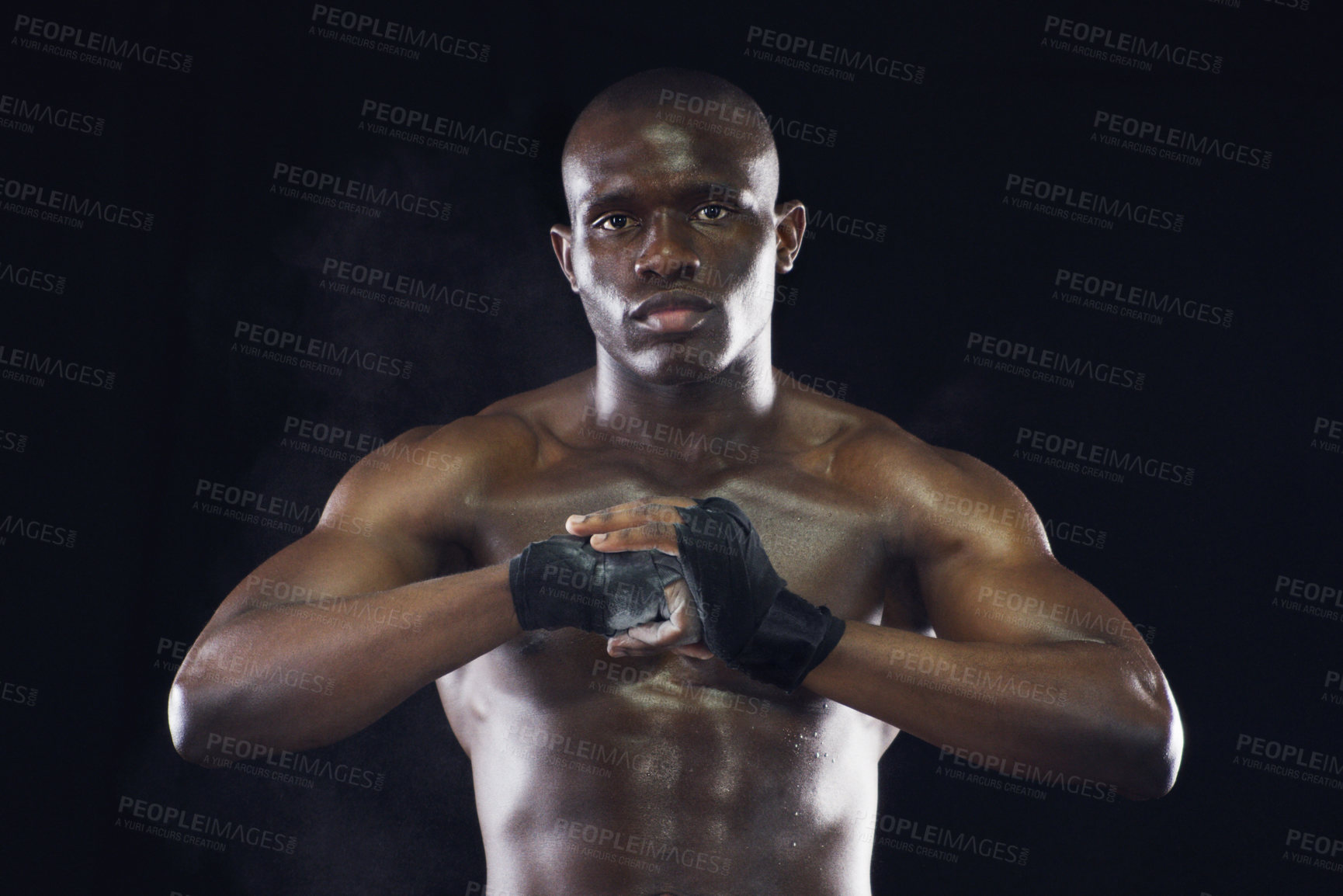 Buy stock photo Boxer, fitness and portrait of strong black man on dark background for workout, exercise and training. Boxing, muscle and face of male body builder with dedication, motivation and focus in studio